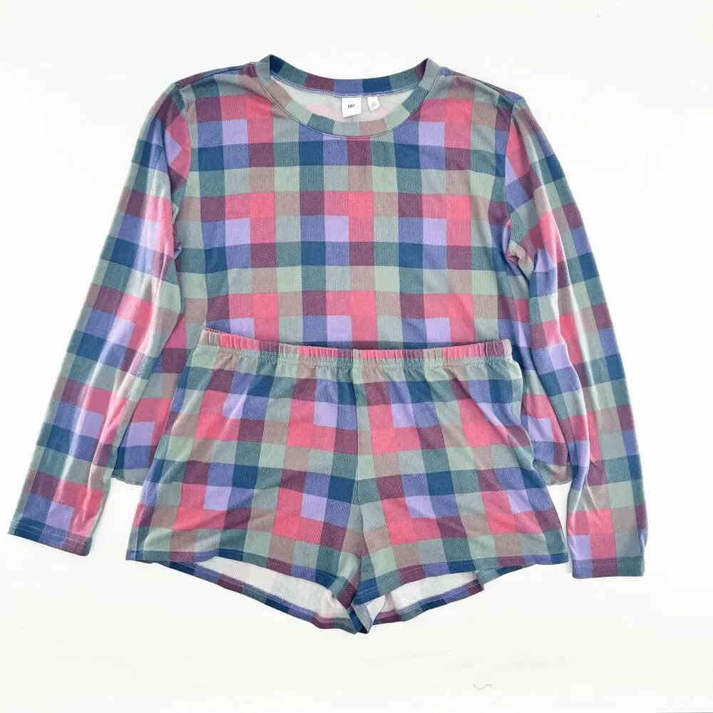 BP Gingham Pajama Short Set Womens Size L Multicolor Plaid Long Sleeve Comfy